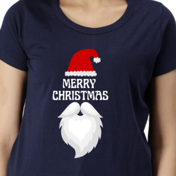 Women's Eco Round Neck TShirt with Chest Print - Merry Christmas(Option 1) - Navy