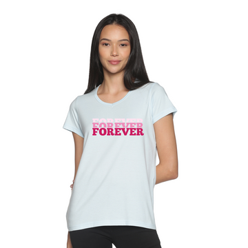 Women's Cotton V Neck TShirt with Chest Print - Forever - Whispy Blue