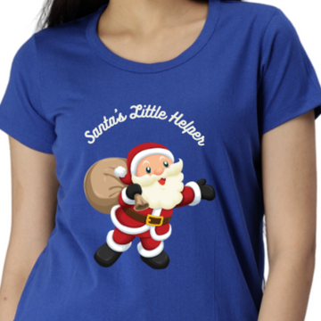 Women's Eco Round Neck TShirt with Chest Print - Santa's Little Helper - Imperial Blue