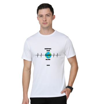 Men's Round Neck with Chest Print - Keeping Our Planet Alive 2008 - White