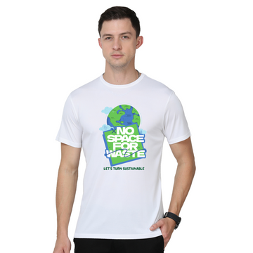 Men's Round Neck with Chest Print - No Space for Waste - White