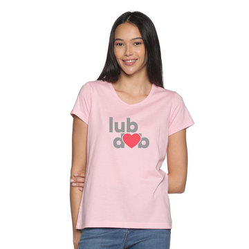 Women's Cotton V Neck TShirt with Chest Print - lubdub - Pink