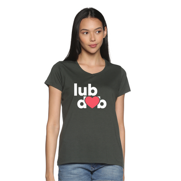 Women's Cotton V Neck TShirt with Chest Print - lubdub - Bottle Green