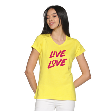 Women's Cotton V Neck TShirt with Chest Print - Live what you Love - Yellow