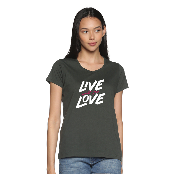 Women's Cotton V Neck TShirt with Chest Print - Live what you Love