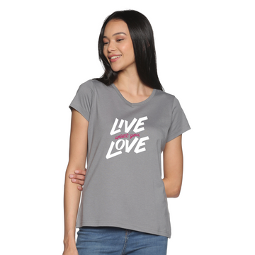Women's Cotton V Neck TShirt with Chest Print - Live what you Love - Grey