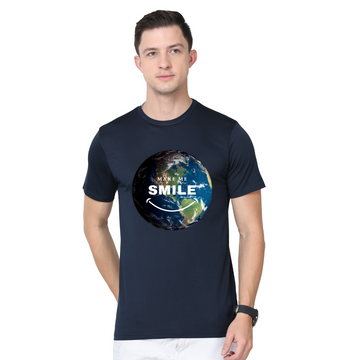 Men's Round Neck with Chest Print - Make Me Smile - Navy