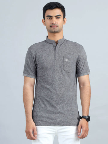 Mens Polo Tshirt with Chinese Collar - Black Melange