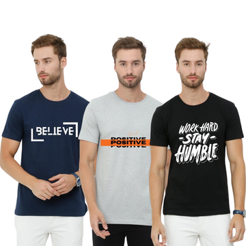 Men's Combo - Eco Round Neck TShirt with Chest Print - BE-Navy-TP-Grey-WHSH-Black