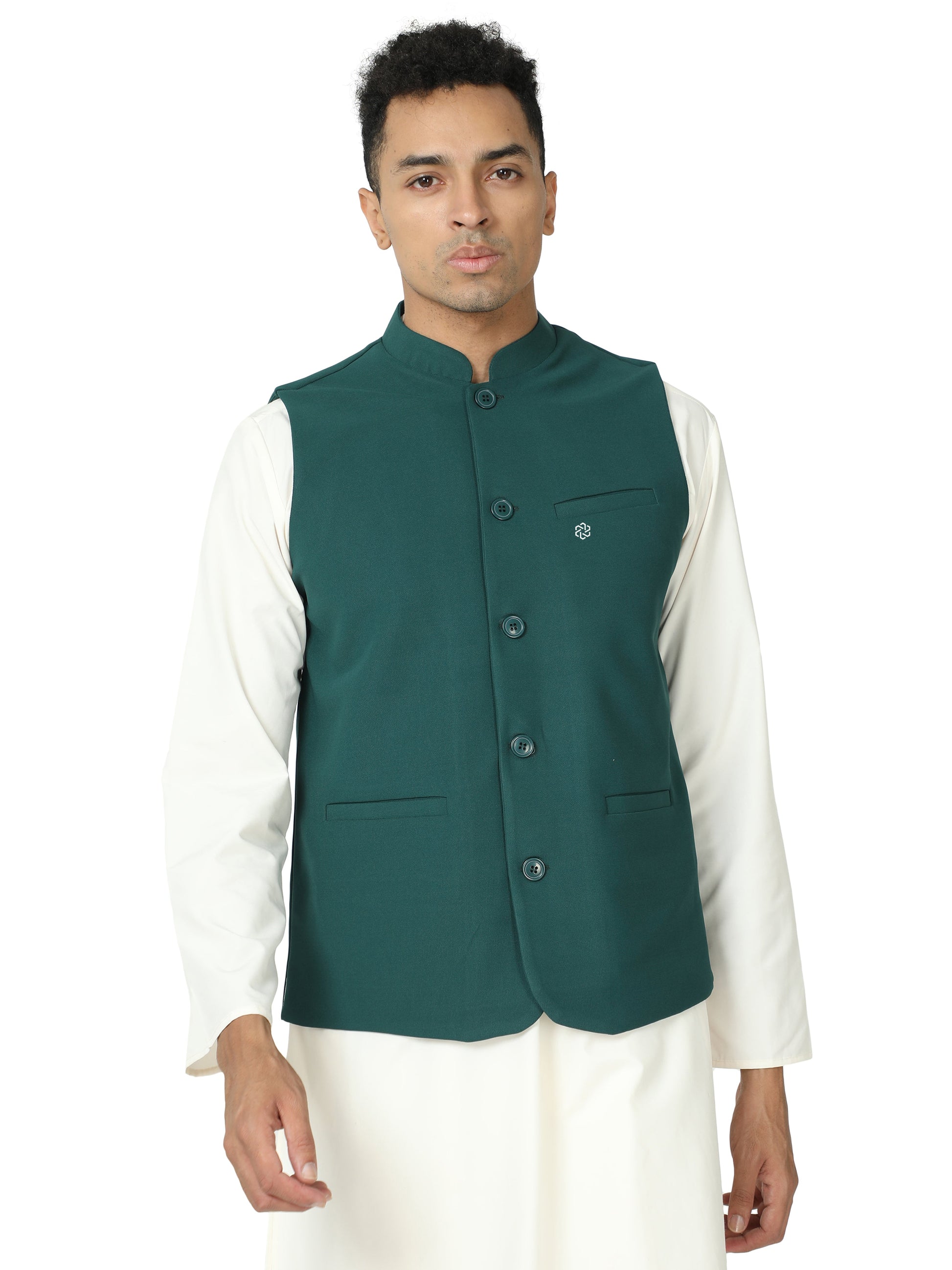 Front view of Men’s Solid Modi Coat in Bottle Green with Mandarin collar