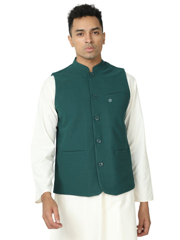 Front view of Men’s Solid Modi Coat in Bottle Green with Mandarin collar