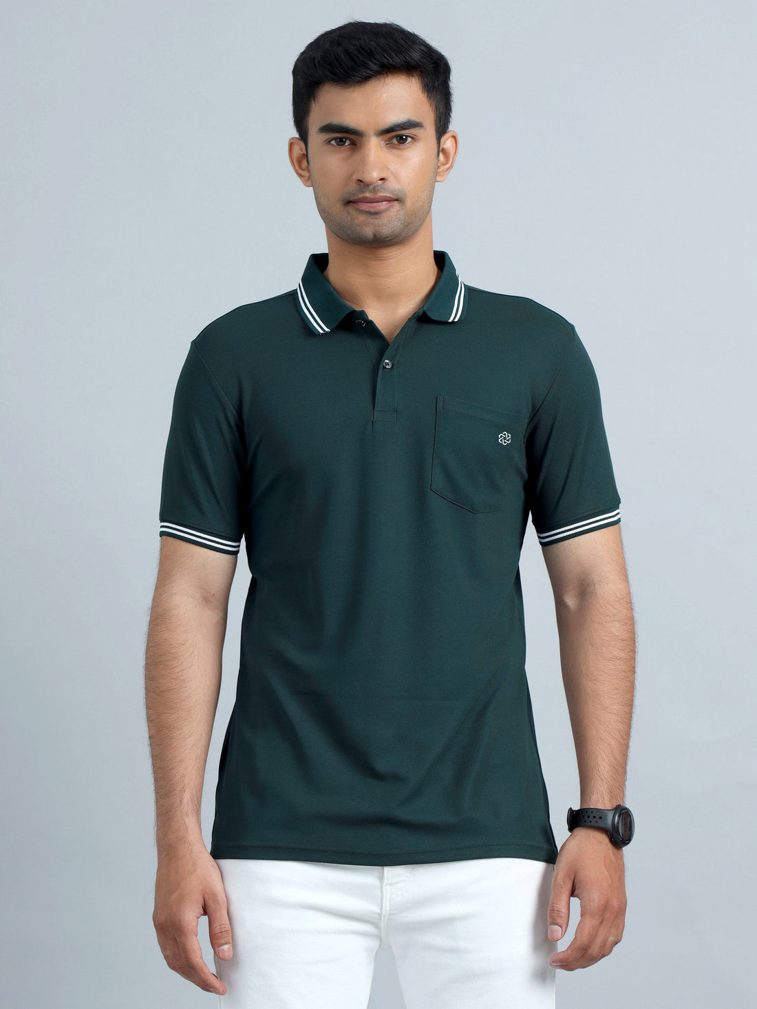 Casual Mens Polo Tshirt - Bottle green and white
