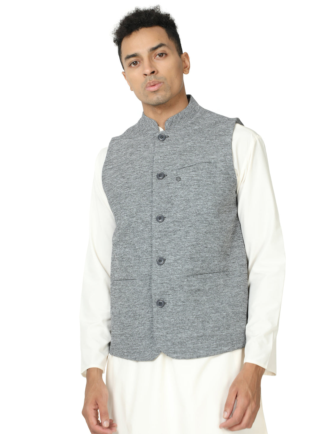 Front view of Men’s Solid Modi Coat in Black Melange with Mandarin collar