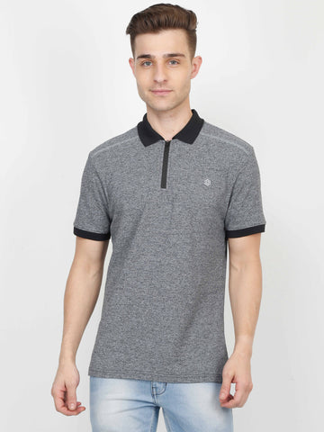 Sporty Men's Polo T-Shirt - Black Melange with Deep Collar