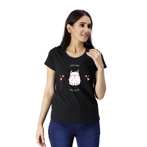 Women's Eco Round Neck TShirt with Chest Print - Cat