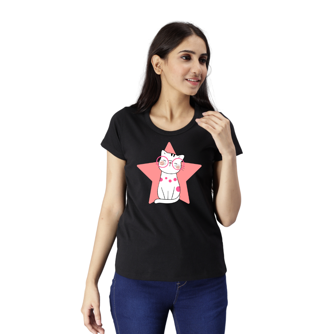 Women's Eco Round Neck TShirt with Chest Print - Star Cat - Black