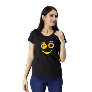 Women's Eco Round Neck TShirt with Chest Print - Yellow Smiley - Black