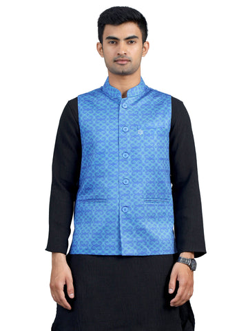 Front view of Men’s Printed Modi Coat in Blue with Print and Mandarin collar