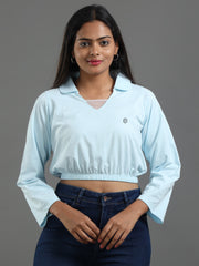 Women's Recycled Cotton Cropped Full Sleeve Polo T Shirt - Whispy Blue