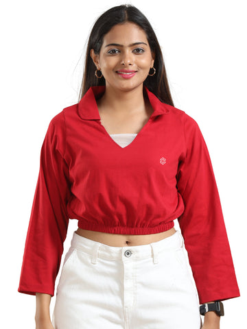 Women's Recycled Cotton Cropped Full Sleeve Polo T Shirt - Burgundy