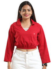 Women's Recycled Cotton Cropped Full Sleeve Polo T Shirt - Burgundy