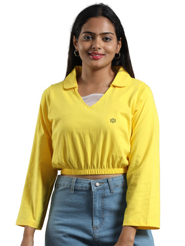 Women's Recycled Cotton Cropped Full Sleeve Polo T Shirt - Canary Yellow