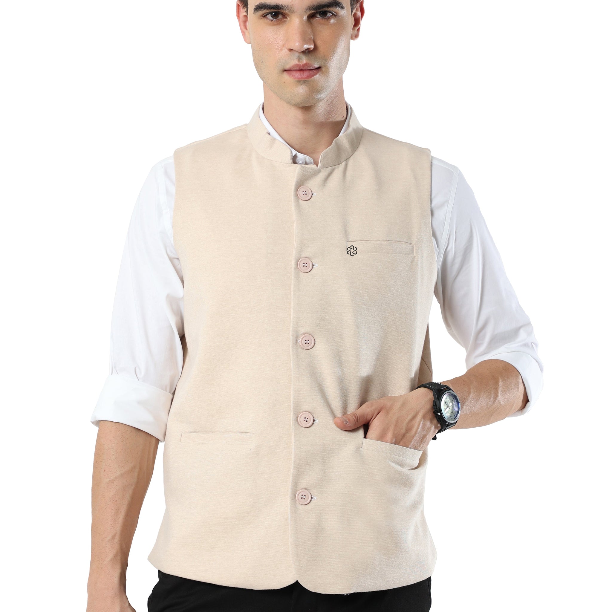 Front view of Men’s Sustainable Cotton Modi Coat in Chandan with Mandarin collar
