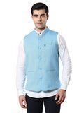 Front view of Men’s Sustainable Cotton Modi Coat in Cyan with Mandarin collar
