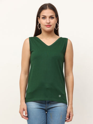 Women's Recycled Cotton Dual Neck Tank Top - Dark Green