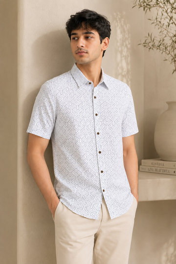 Men's rPET Blue Diamond Maze Printed Casual Half Sleeve Shirt