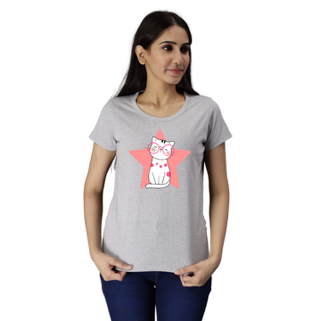 Women's Eco Round Neck TShirt with Chest Print - Star Cat - Grey