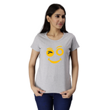 Women's Eco Round Neck TShirt with Chest Print - Yellow Smiley