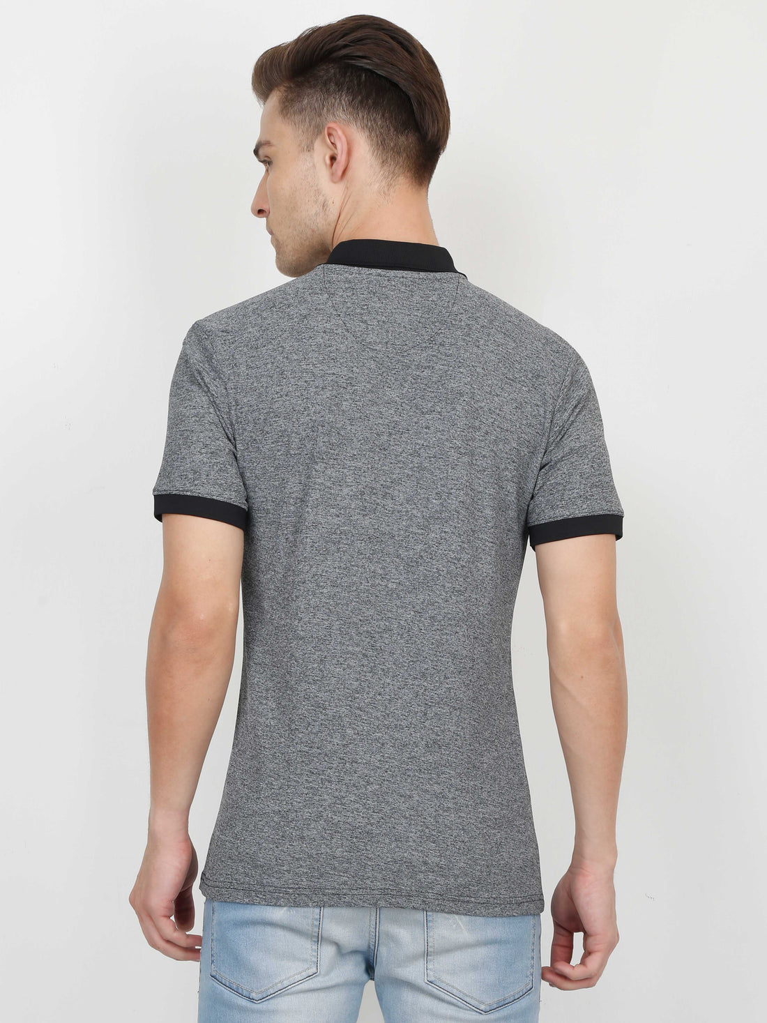 Sporty Men's Polo T-Shirt - Black Melange with Deep Collar