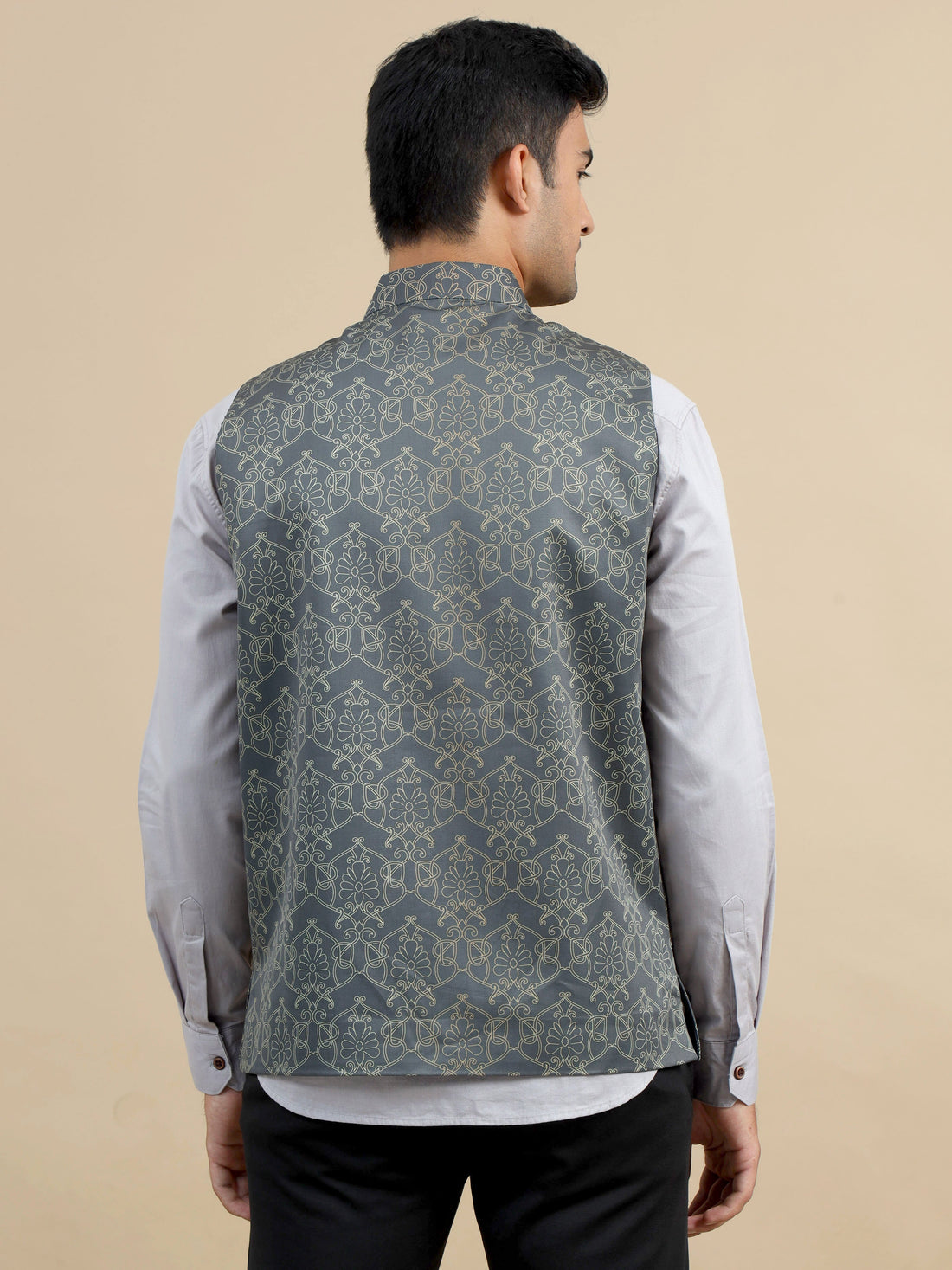 Front view of Men’s Printed Modi Coat in Grey with Yellow Print and Mandarin collar