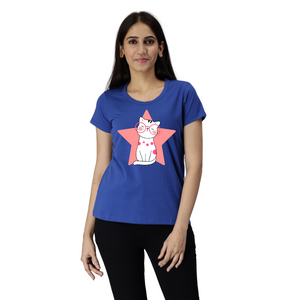 Women's Eco Round Neck TShirt with Chest Print - Star Cat