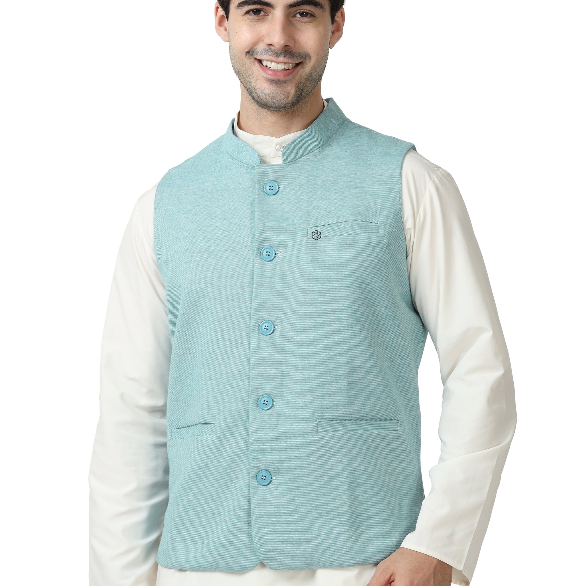 Front view of Men’s Sustainable Cotton Modi Coat in Jade with Mandarin collar
