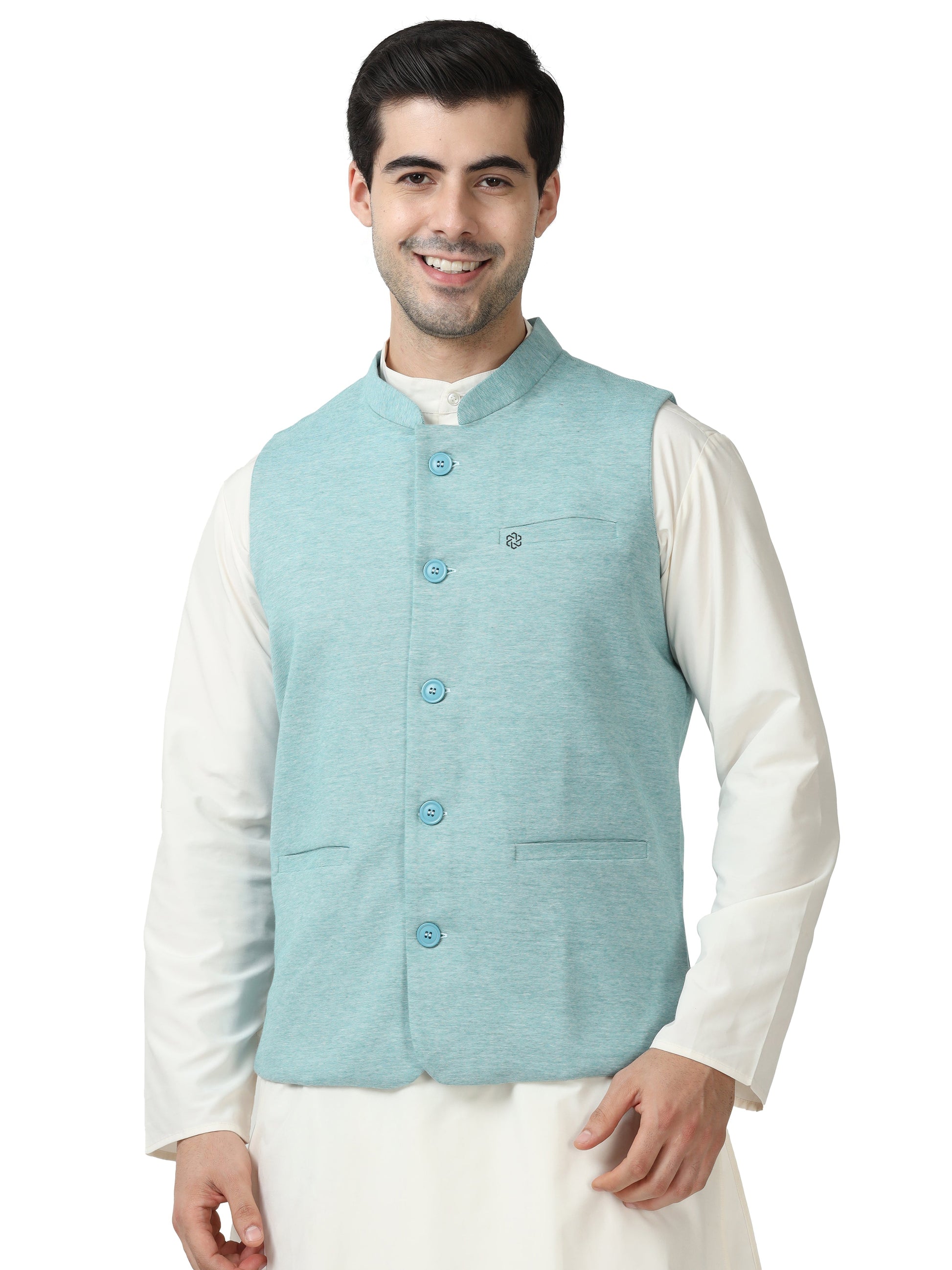 Front view of Men’s Sustainable Cotton Modi Coat in Jade with Mandarin collar
