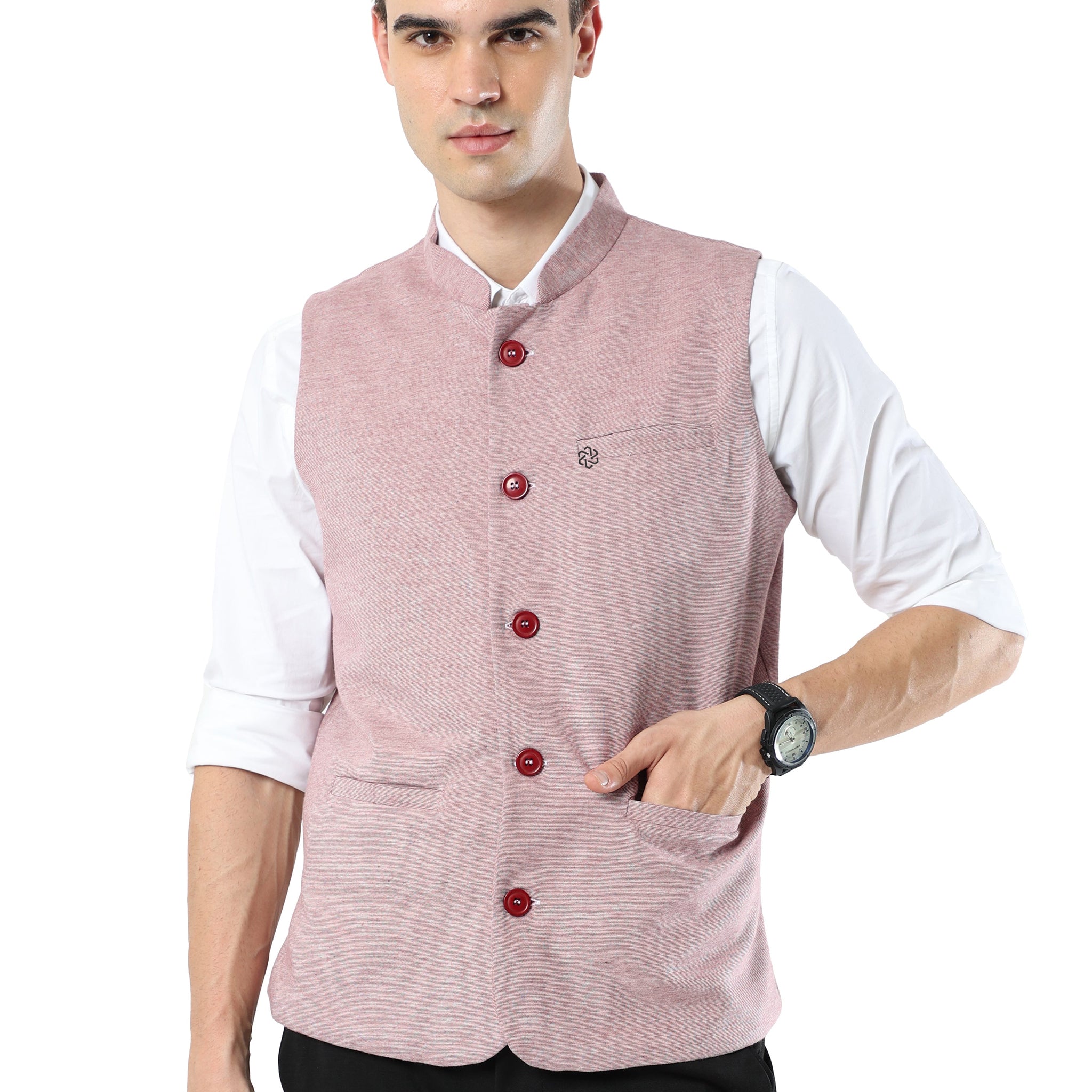 Front view of Men’s Sustainable Cotton Modi Coat in Maroon with Mandarin collar
