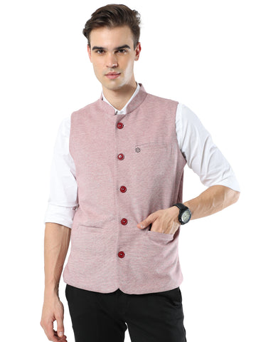 Front view of Men’s Sustainable Cotton Modi Coat in Maroon with Mandarin collar
