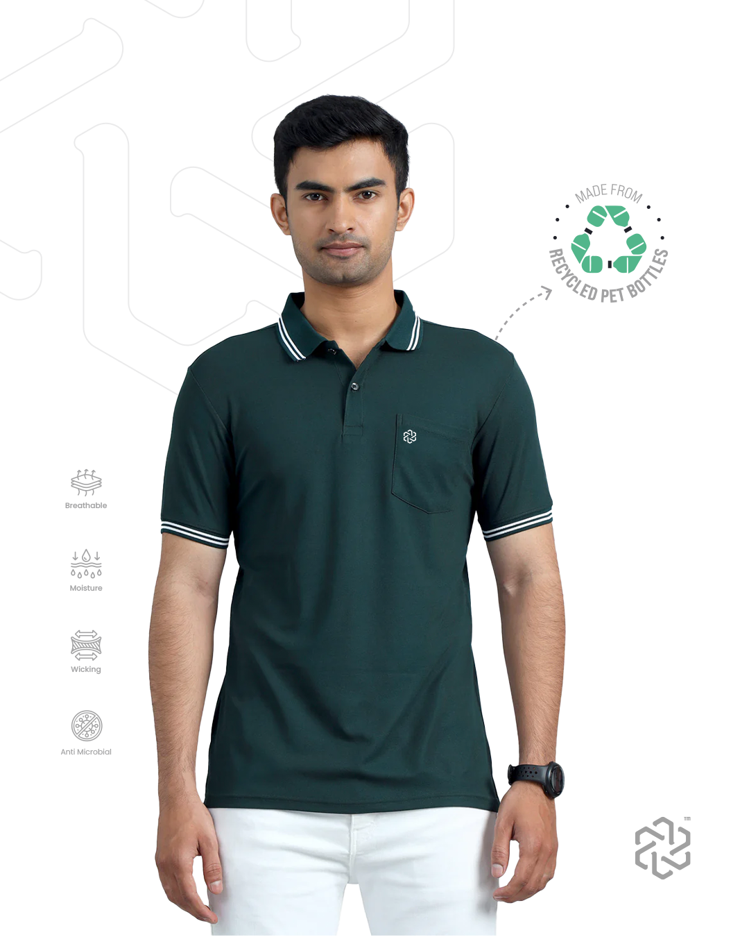 Casual Mens Polo Tshirt - Bottle green and white
