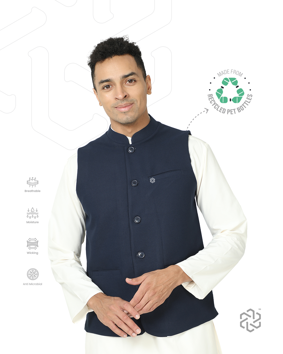 Front view of Men’s Solid Modi Coat in Navy with Mandarin collar