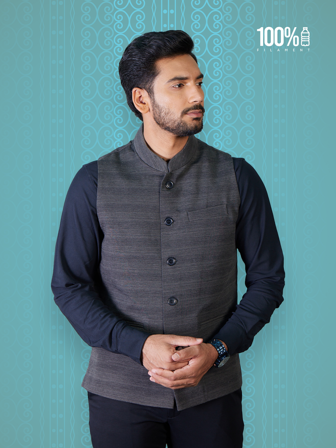 Front view of Men’s Modi Coat Dual Tone Black with Mandarin collar