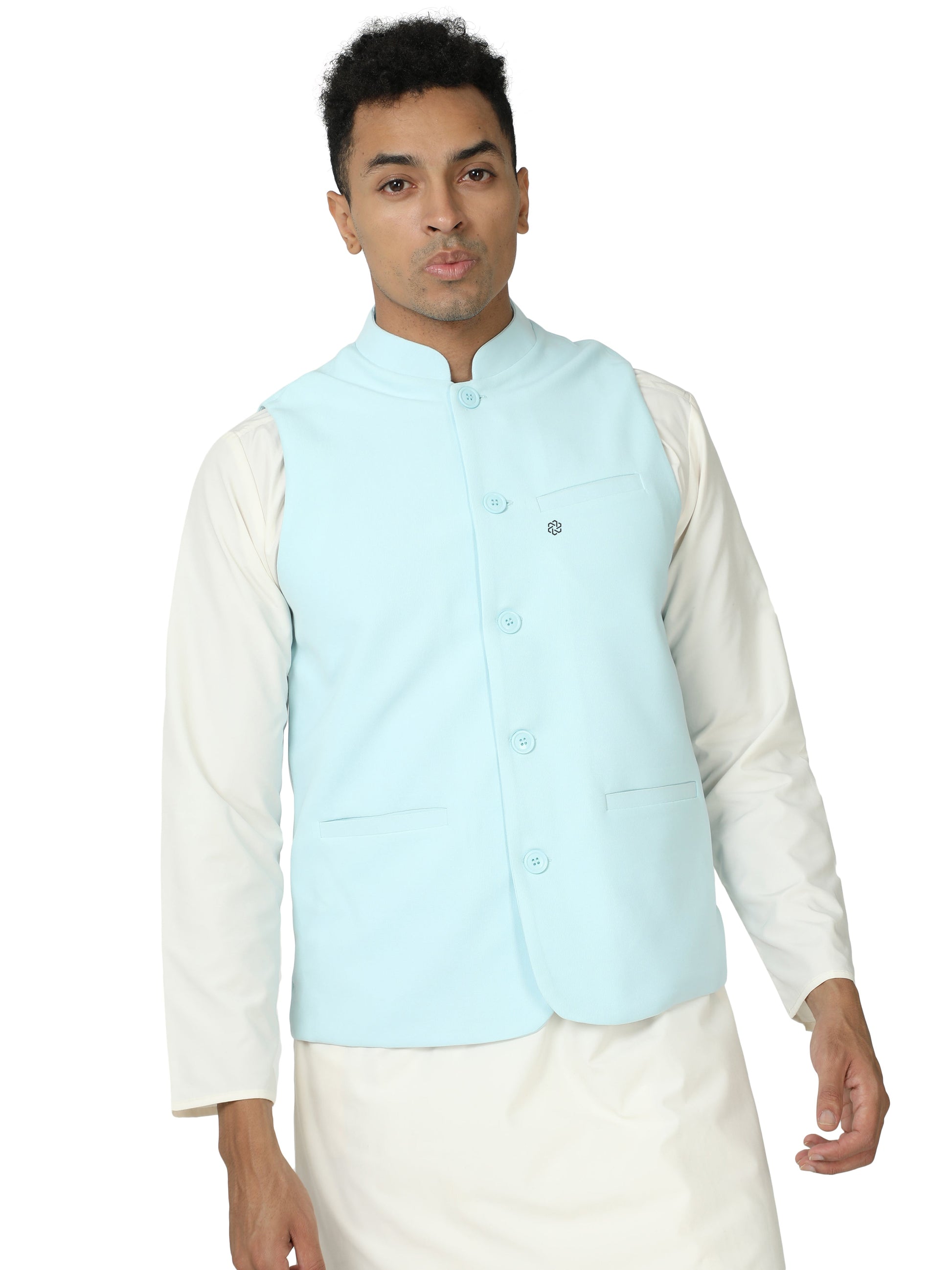 Front view of Men’s Solid Modi Coat in Mint with Mandarin collar