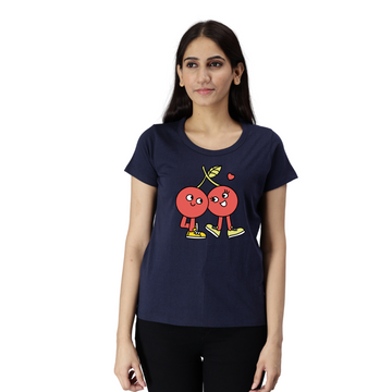 Women's Eco Round Neck TShirt with Chest Print - Fruity's - Navy