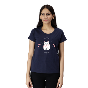 Women's Eco Round Neck TShirt with Chest Print - Cat - Navy