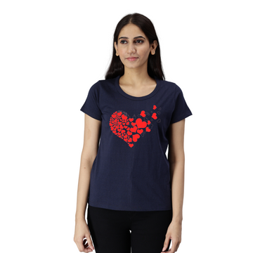 Women's Eco Round Neck TShirt with Chest Print - Heart - Navy