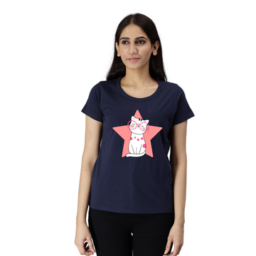 Women's Eco Round Neck TShirt with Chest Print - Star Cat - Navy