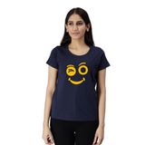 Women's Eco Round Neck TShirt with Chest Print - Yellow Smiley