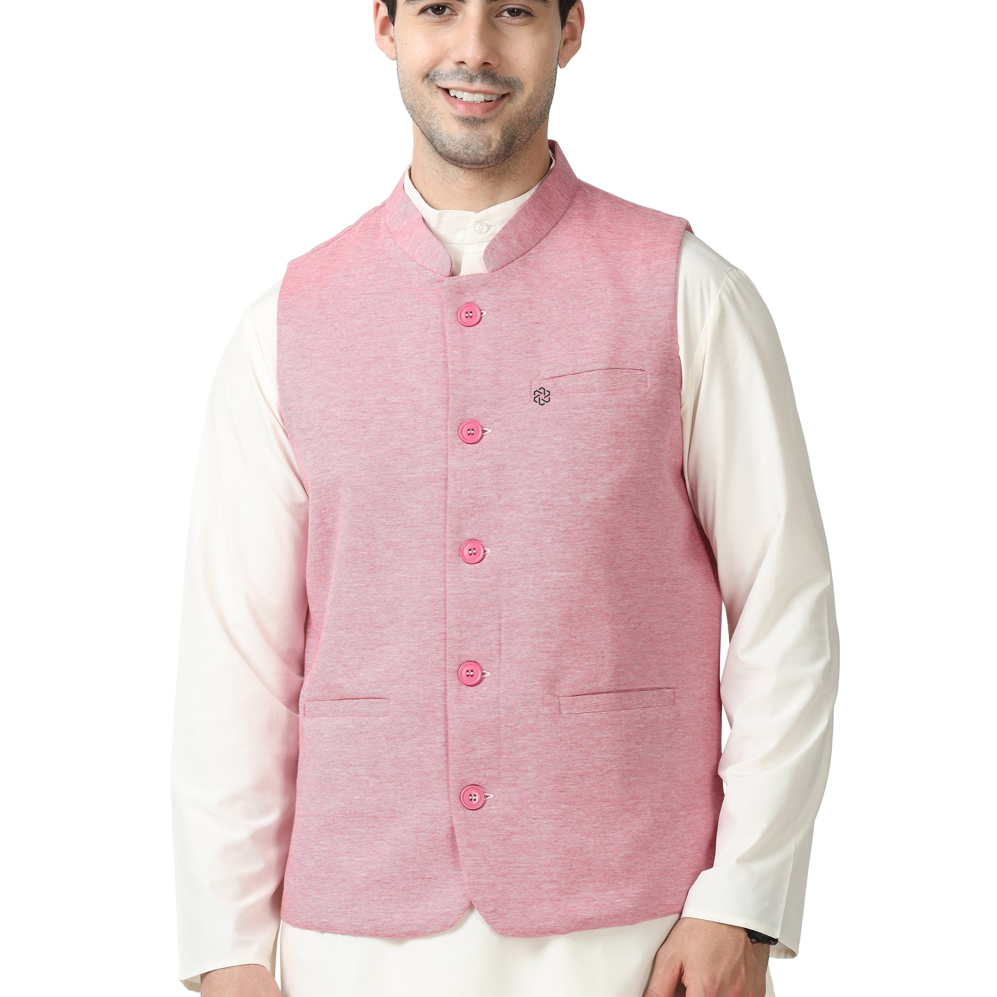 Front view of Men’s Sustainable Cotton Modi Coat in Pink with Mandarin collar

