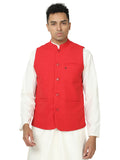 Front view of Men’s Solid Modi Coat in Arrow Red with Mandarin collar